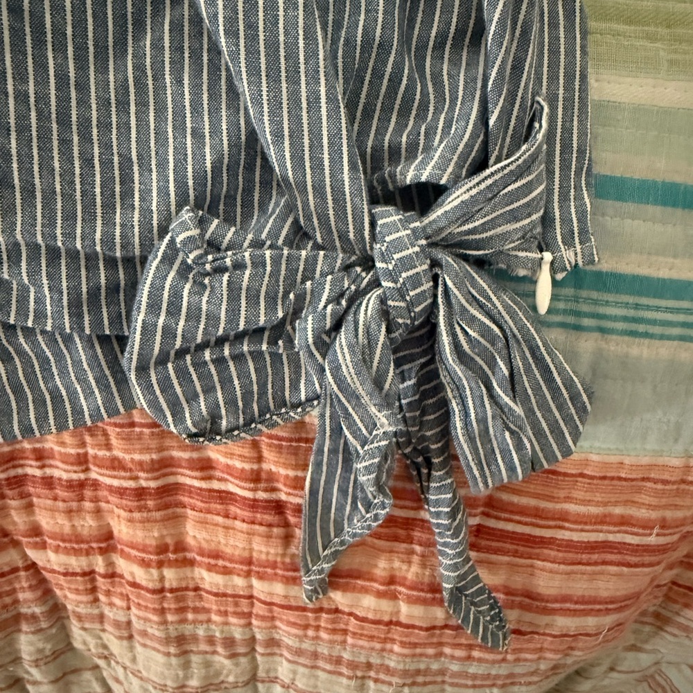 Free People Get Down Blue Pinstripe One-Shoulder Tie Waist Top - Picture 3 of 5